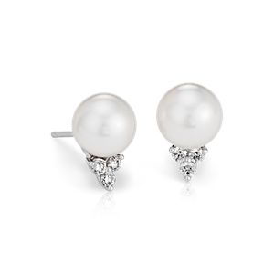 South Sea Cultured Pearl and Diamond Stud Earrings in 18k White Gold (9mm)