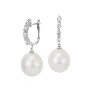 South Sea Cultured Pearl and Diamond Drop Earrings in 18k White Gold (13mm)