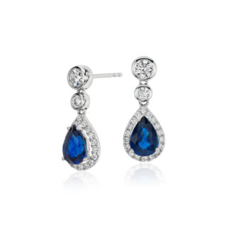 Sapphire and Diamond Pear Drop Earrings in 18k White Gold (7x5mm)