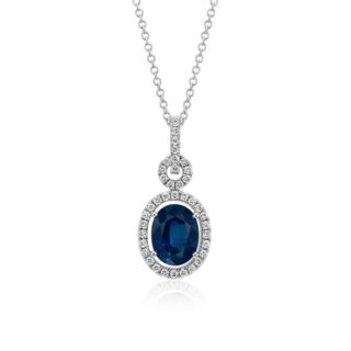 Floating Sapphire and Diamond Oval Twisted Pavé Pendant in 18k White Gold (9x7mm)