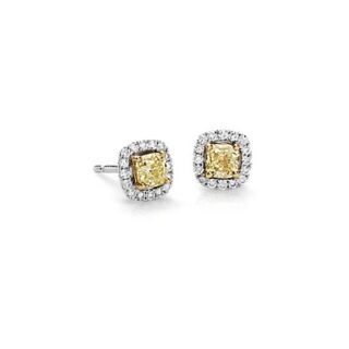 Yellow Diamond Halo Stud Earrings in 14k White Gold (1 ct. tw.)
