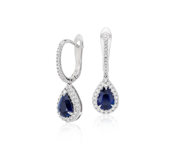 Pear Sapphire and Diamond Pavé Drop Earrings in 18k White Gold (7x5mm)