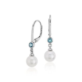Freshwater Cultured Pearl and Blue Topaz Drop Earrings 14k White Gold (6.5mm)