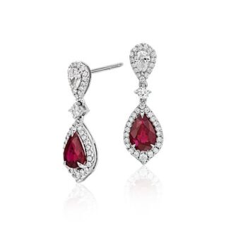 Ruby and Diamond Drop Earrings in 18k White Gold (6x4mm)