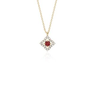 Petite Ruby and Diamond Floral Pendant in 14k Yellow Gold (2.8mm)