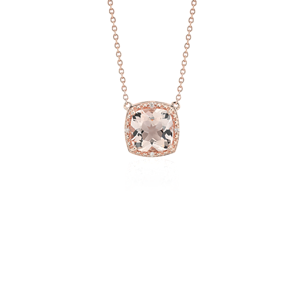 Morganite and Diamond Halo Necklace in 14k Rose Gold (8mm)