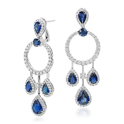 Pear Shape Sapphire and Diamond Drop Earrings in 18k White Gold (5.69 ct. tw.)
