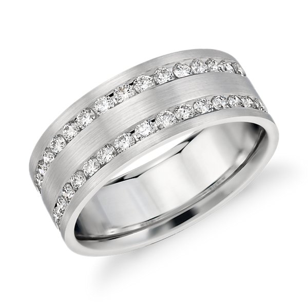 Double Inlay Diamond Wedding Ring in 14k White Gold (8 mm Double Inlay Diamond Wedding Ring in 14k White Gold (8 mm