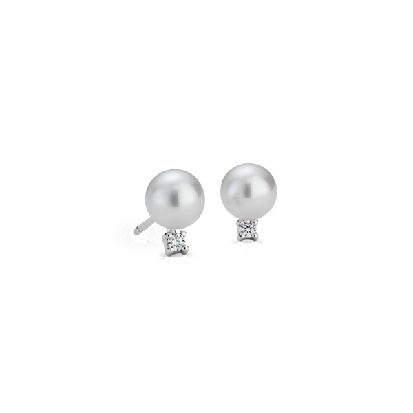 Freshwater Cultured Pearl and Diamond Stud Earrings in 14k White Gold (6-6.5mm)