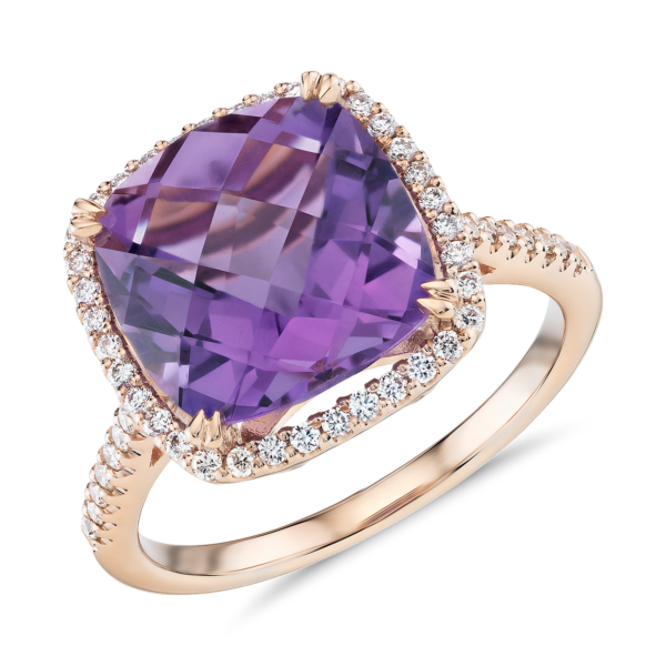 Cushion-Cut Amethyst Diamond Halo Cocktail Ring  in 14k Rose Gold (10.5mm)
