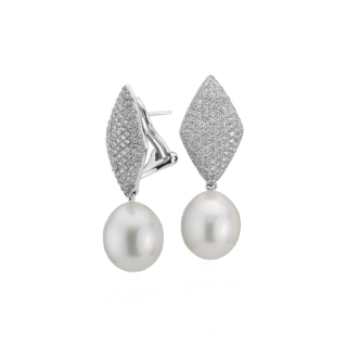 South Sea Cultured Pearl Earrings with Pavé Diamond Kite in 18k White Gold (11.9 mm)