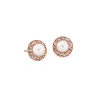 Vintage-Inspired Freshwater Cultured Pearl and White Topaz Halo Earrings in 14k Rose Gold (5mm)