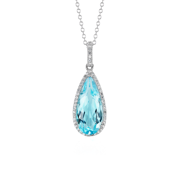 Blue Topaz Pear Pendant with White Topaz Halo in Sterling Silver (18x8mm)