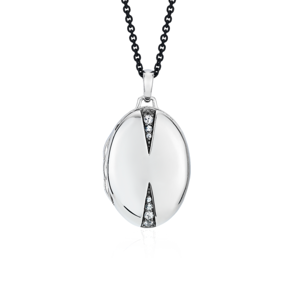 Monica Rich Kosann Locket Pendant with White Sapphire Accents in Sterling Silver with Black Steel Chain (32")