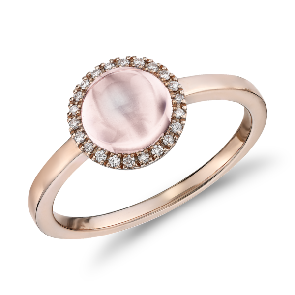 Petite Round Rose Quartz Cabochon Ring with Diamond Halo in 14k Rose Gold (7mm)