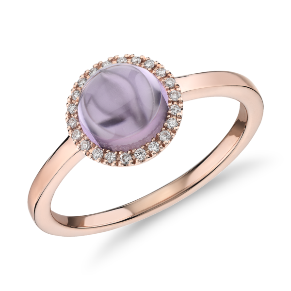 Petite Round Amethyst Cabochon Ring with Diamond Halo in 14k Rose Gold (7mm)