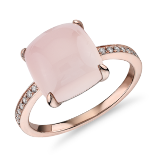 Cushion Cut Red Agate Cabochon Ring with Diamond Sidestones in 14k Rose Gold (10mm)