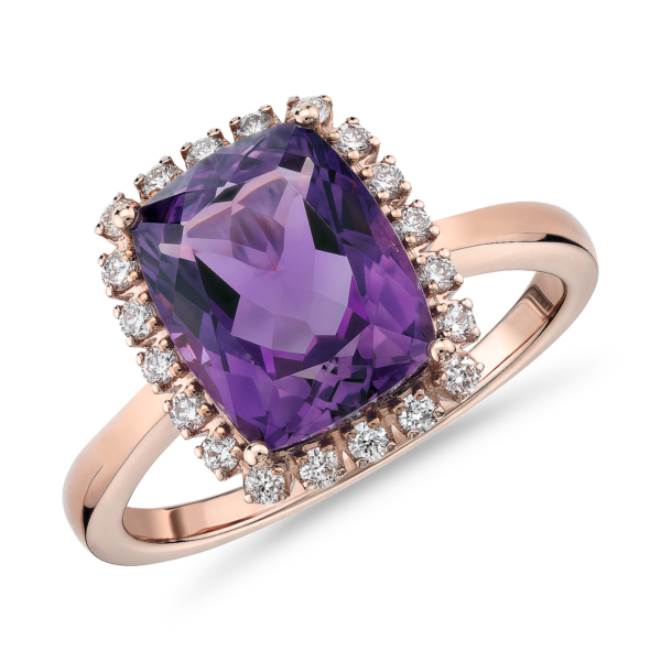 Cushion-Cut Amethyst and Diamond Halo Ring in 14k Rose Gold (10x8mm)
