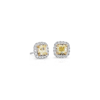 Cushion-Cut Yellow Diamond Halo Stud Earring in 18k White and Yellow Gold (1 1/2 ct. tw.)