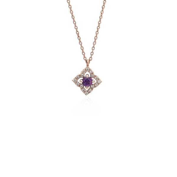 Petite Amethyst and Diamond Floral Pendant in 14k Rose Gold (2.8mm)