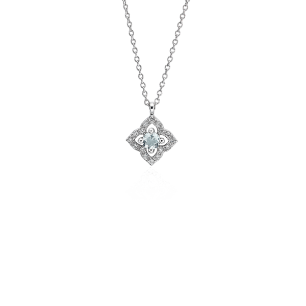 Petite Aquamarine and Diamond Floral Pendant in 14k White Gold (2.8mm)
