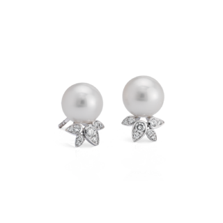 Freshwater Cultured Pearl Earrings with Diamond Leaf Detail in 14k White Gold (8-8.5mm)