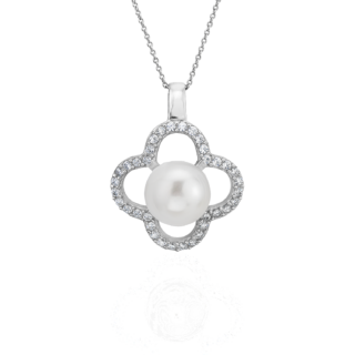 Freshwater Cultured Pearl Pendant with White Topaz Clover Halo in Sterling Silver (10-11mm)