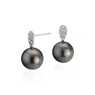 Tahitian Cultured Pearl Earrings with Diamond Teardrops in 14k White Gold (9.5-10mm)