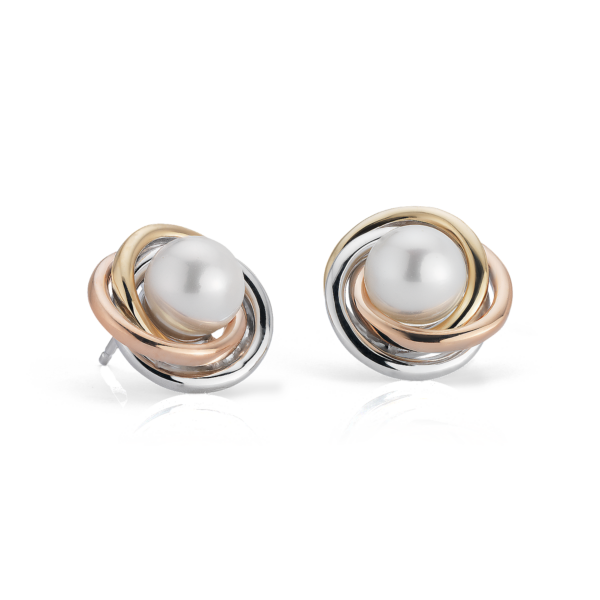 Tri-Color Love Knot Earrings with Freshwater Cultured Pearls in 14k White