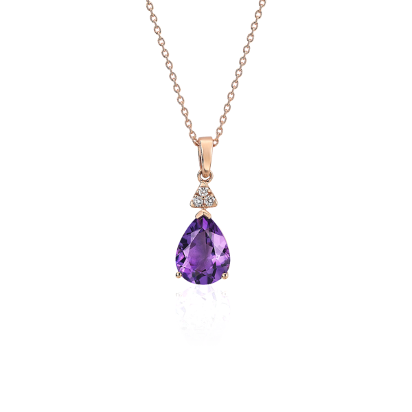 Pear-Shaped Amethyst Pendant with Diamond Trio in 14k Rose Gold (9x7mm)