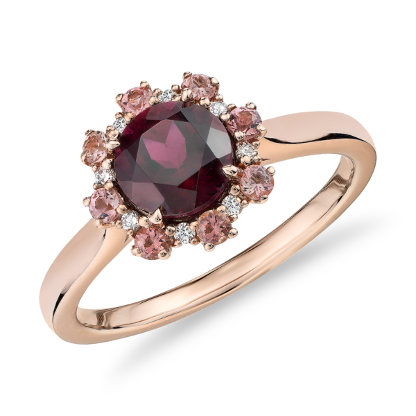 Garnet Ring with Pink Tourmaline and Diamond Halo in 14k Rose Gold (6mm)