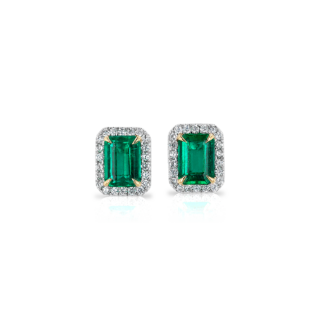 Emerald-Cut Emerald Stud Earrings with Diamond Halo in 14k White Gold with Yellow Gold Prongs (7x5mm)