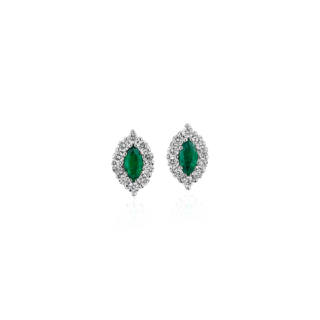 Marquise Emerald Stud Earring With Diamond Halo in 14k White Gold