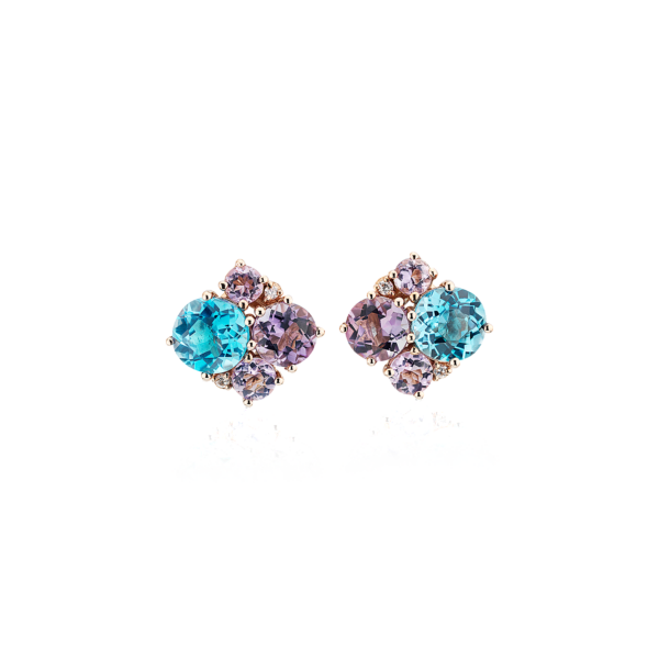 Amethyst and Blue Topaz Cluster Stud Earrings with Diamond Accents in 14k Rose Gold