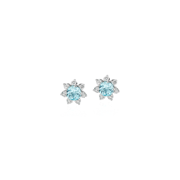 Mini Swiss Topaz Earrings with Diamond Blossom Halo in 14k White Gold (3.5mm)