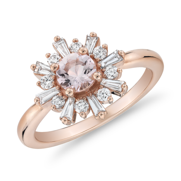 Morganite Ring with Baguette Diamond Halo in 14k Rose Gold (5mm)