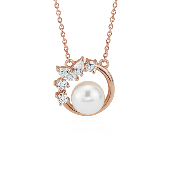 Freshwater Cultured Pearl and Mixed-Shape Diamond Necklace in 14k Rose Gold (6-7 mm)