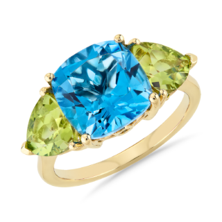 Cushion Swiss Blue Topaz and Peridot Trillion Ring in 14k Yellow Gold