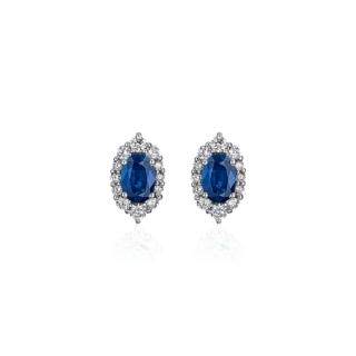 Oval Sapphire and Diamond Earrings in 14k White Gold