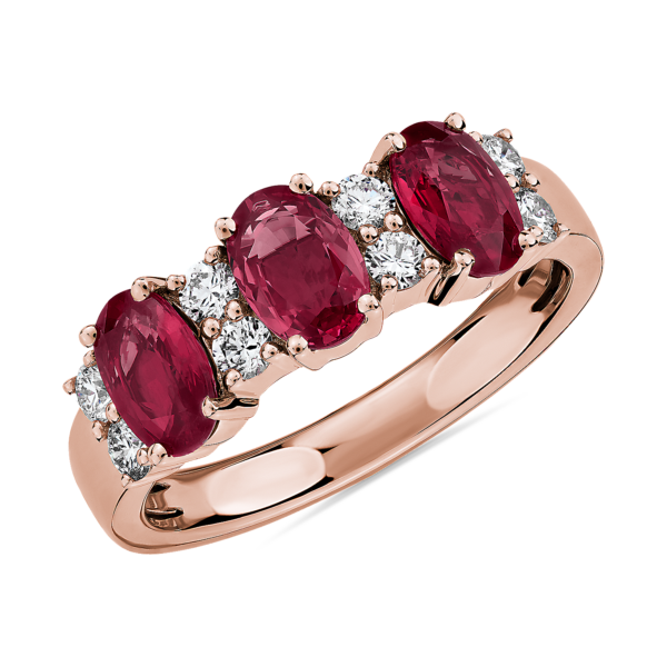 Ruby and Diamond Three-Stone Ring in 14k Rose Gold