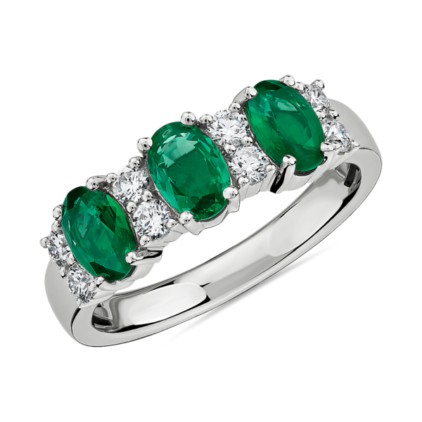 Emerald and Diamond Three-Stone Ring in 14k White Gold