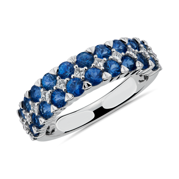 Blue Sapphire and Diamond Double Row Ring in 14k White Gold