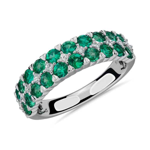 Emerald and Diamond Double Row Ring in 14k White Gold