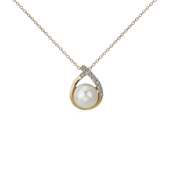 Vintage-Inspired Freshwater Cultured Pearl and Diamond Teardrop Pendant in 14k Yellow Gold (7.5-8mm)