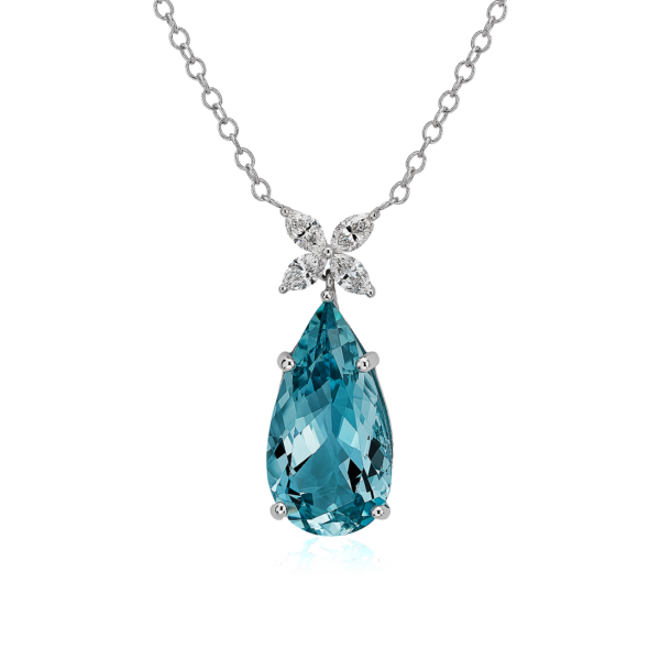 Pear Aquamarine and Marquise Diamond Pendant in 18k White Gold