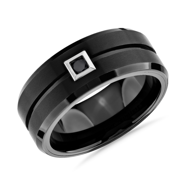 Single Black Diamond Wedding Ring in Black Tungsten Carbide (9 mm