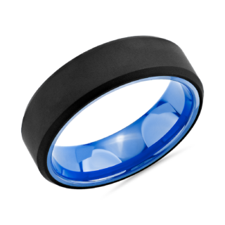 Black Beveled Edge Wedding Ring in Tungsten and Blue Ceramic (7mm)