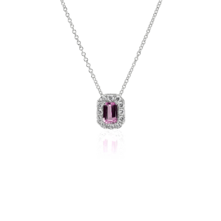 Emerald Cut Pink Sapphire and Diamond Halo Pendant in 14k White Gold (6x4mm)