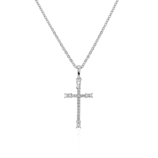 Diamond and Baguette Cross Pendant in 14k White Gold (1/5 ct. tw.)