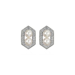 Freshwater Cultured Pearl and White Topaz Hexagon Halo Earrings in Sterling Silver (5-6mm)